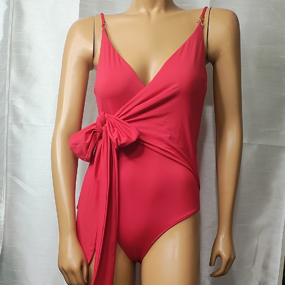 Stella‎ McCartney Pink Wrap Front Side Tie One Piece Swimsuit Gold Hardware